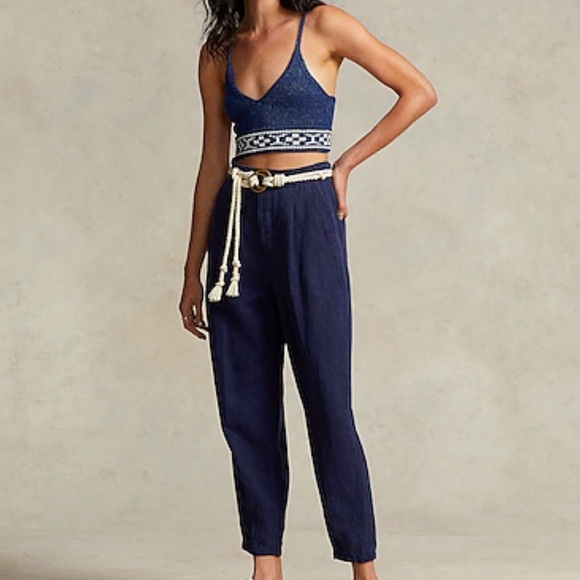 POLO by Ralph Lauren Geo-Motif Knitted Crop Top Woven Crochet Navy Bralette LG - Picture 2 of 9